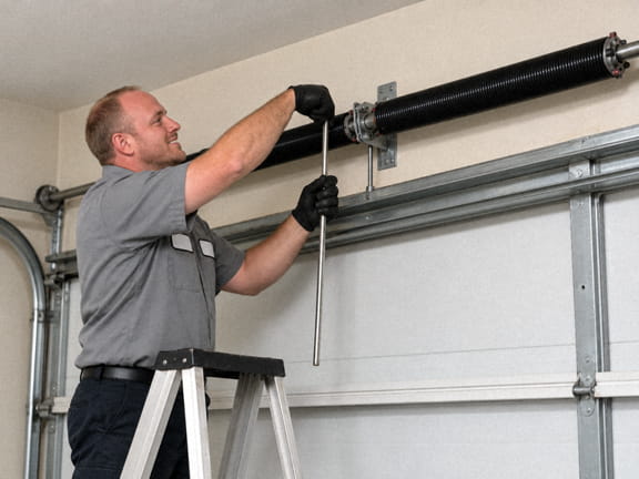 Garage door technician replacing a torsion spring above a residential garage door in Sacramento, CA.